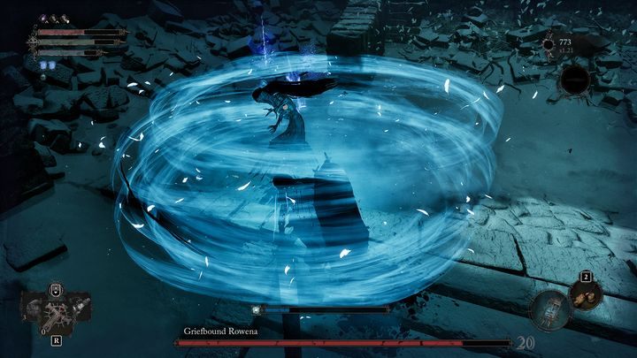 When fighting in close combat, Rowena can create an ice storm - Lords of the Fallen: How to defeat the Griefbound Rowena boss? - Optional - Lords of the Fallen Guide