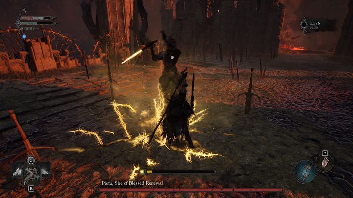 The boss can also initiate her attack by jumping, and holy fire will manifest in the spot where she strikes with her sword - Lords of the Fallen: How to beat Pieta, She of Blessed Renewal? - Main - Lords of the Fallen Guide