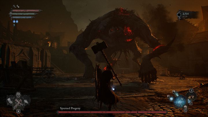 The first phase takes place in the lower part of the arena - Lords of the Fallen: How to beat Spurned Progeny boss? - Main - Lords of the Fallen Guide