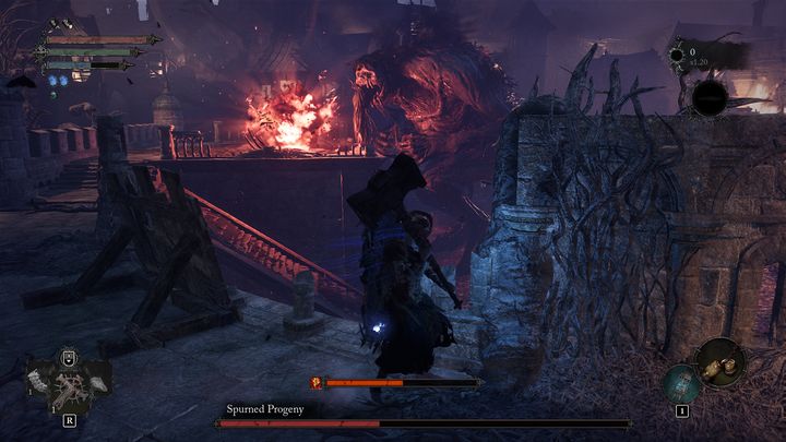 Spurned Progeny can also create a fireball, which will generate a fiery wave when it collides with the ground - Lords of the Fallen: How to beat Spurned Progeny boss? - Main - Lords of the Fallen Guide