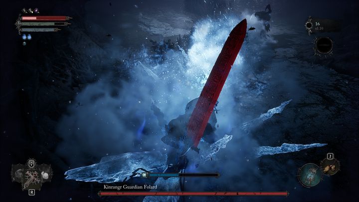He can also swing his weapon from a distance and create a wave that applies the frostbite status upon impact with your character - Lords of the Fallen: How to beat Kinrangr Guardian Folard boss? - Main - Lords of the Fallen Guide