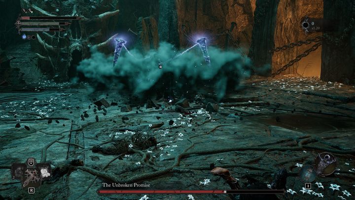 When Unbroken Promise's health drops below 80%, it will explode and create a few nails that are connected to the boss - Lords of the Fallen: How to defeat Harrower Dervla, the Pledged Knight boss? - Main - Lords of the Fallen Guide