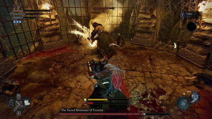 If the boss raises his weapon up, quickly circle him or run to a safe distance - Lords of the Fallen: How to defeat The Sacred Resonance of Tenacity boss? - Optional - Lords of the Fallen Guide
