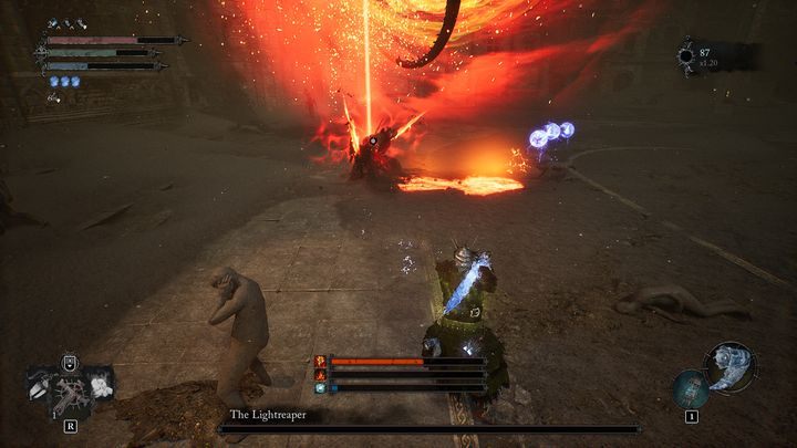 If a red beam directed upwards begins to emit from his body, after a short moment, the boss will create a portal and summon his dragon - Lords of the Fallen: How to defeat The Lightreaper boss? - Main - Lords of the Fallen Guide