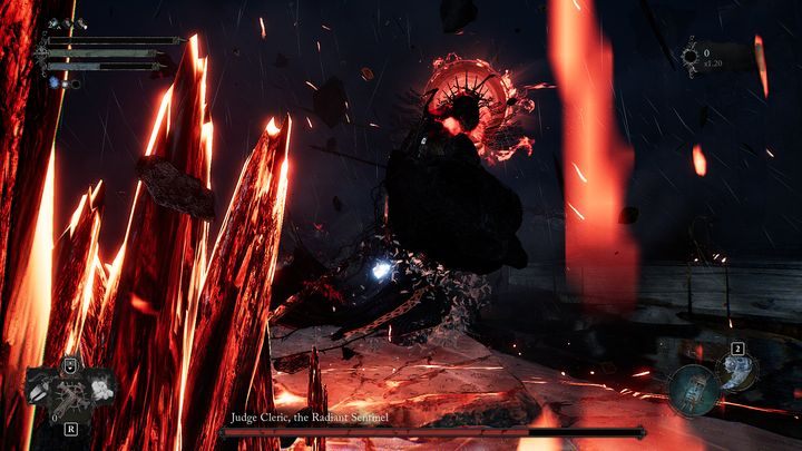 The boss can also stick a fire banner into the ground, which will cause fire spikes to appear in random places in the arena for a few seconds - Lords of the Fallen: How to defeat the Judge Cleric, the Radiant Sentinel boss? - Main - Lords of the Fallen Guide
