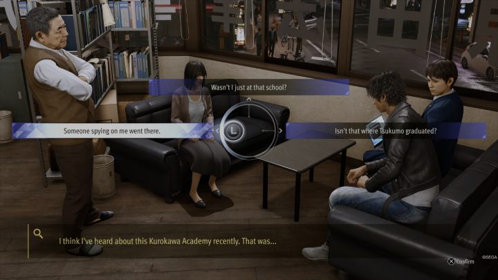 When talking about the Kurokawa Academy, select the Someone spying on me went there dialogue option - Lost Judgment: Chapter 5 Double Jeopardy - walkthrough - Main storyline walkthrough - Lost Judgment game guide