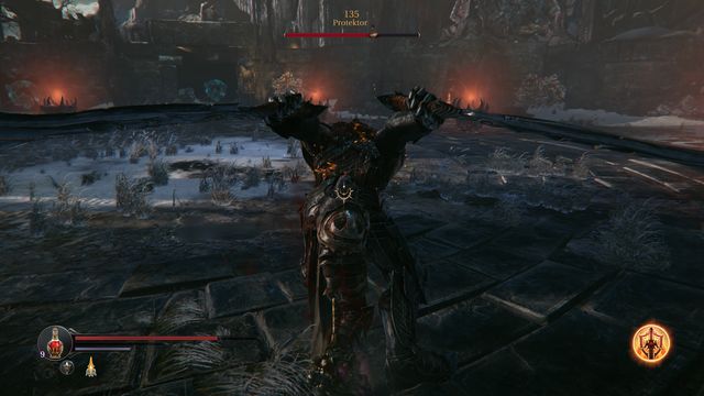 After the combo, it is easy to sneak up to the boss and attack him from behind. - Protector - The Temple | Bosses - Bosses - Lords of the Fallen 2014 Game Guide & Walkthrough
