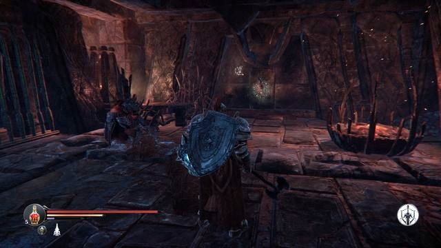 Your task is to find an area below, which has been shown in the screenshot (the room is behind the metal gate) - Destroy the Gate of Lords to Keystone | The Temple - The Temple - Lords of the Fallen 2014 Game Guide & Walkthrough