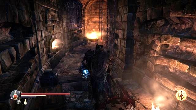 After you press the symbol (next to the locked gate, at the end of the hallway) dash ahead and to the right. There, you will find another grate, opened for a moment. - Find Antanas and Kaslo at the Monastery Citadel | Catacombs - Catacombs - Lords of the Fallen 2014 Game Guide & Walkthrough