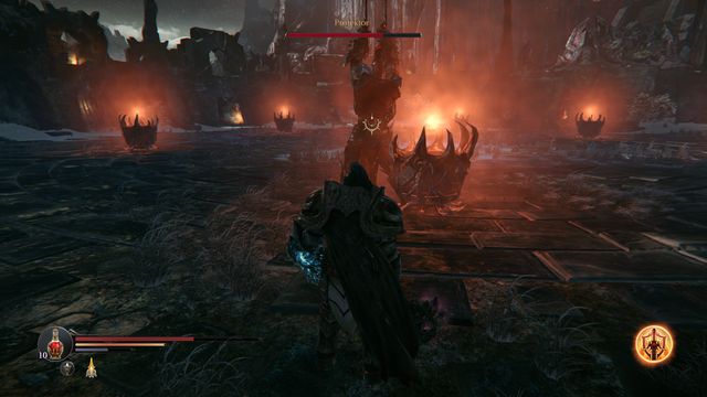 Keep moving, because the opponent sends fireballs at you. - The fight with the Protector | The Temple - another visit - The Temple - another visit - Lords of the Fallen 2014 Game Guide & Walkthrough