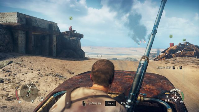 Test the sniper rifle you constructed by destroying the bottle and the barrels. - Into Madness | Story missions - Story missions - Mad Max Game Guide