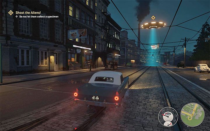 When the challenge begins, a flying saucer will appear over Tommy - Mafia Definitive Edition: Alien Infiltration - Free raid - Mafia Definitive Edition Guide, Walkthrough