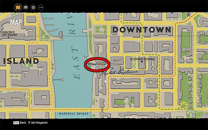 Once you reach the Waterfront walk through the wide promenade running along the water - Mafia Definitive Edition: Trautenberg Sportr - hidden car, where to find - Cars - Mafia Definitive Edition Guide, Walkthrough