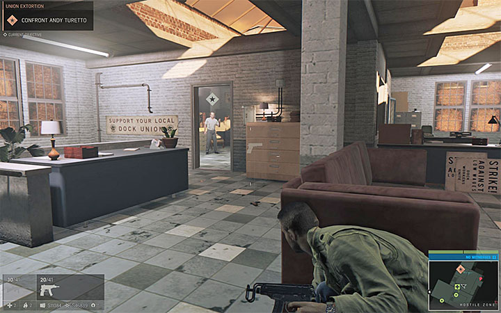 If you used the narrow stairs, you will get close to the office with Turetto (shown on the above picture) - Union Extortion (extortion racket) | Walkthrough - Story missions - Mafia III Game Guide