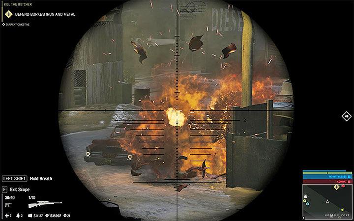 Aim at the red barrels when a vehicle or an opponent appears nearby - Kill the Butcher | Walkthrough - Story missions - Mafia III Game Guide