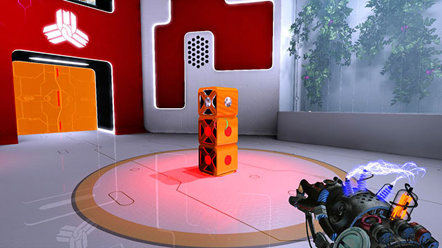 Place three cubes (screen above) and then fire red at two bottom and green at the top one - Intermediate Cube - Walkthrough - Act I - Magrunner: Dark Pulse - Game Guide and Walkthrough