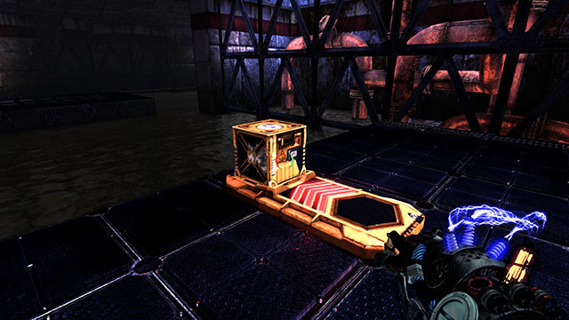 Place cube on the catapult, charge it with the red, jump onto cube and fire green charge (screen above) - The Deep - Walkthrough - Act II - Magrunner: Dark Pulse - Game Guide and Walkthrough
