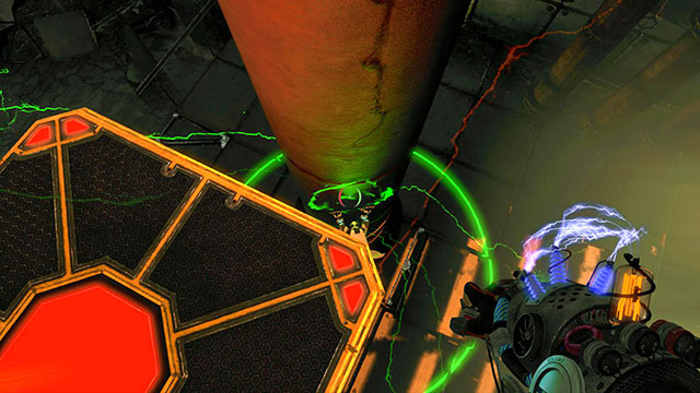 When you get on the platform, change it to red and push out, setting up green Newton on the column under the platform, like on the screen above - Upgrade - Walkthrough - Act II - Magrunner: Dark Pulse - Game Guide and Walkthrough