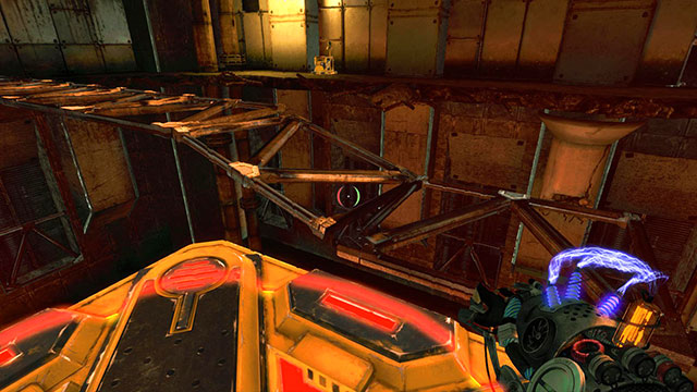 When the side wall approaches the hypercube, jump onto the top wall and charge it with red - Upgrade - Walkthrough - Act II - Magrunner: Dark Pulse - Game Guide and Walkthrough