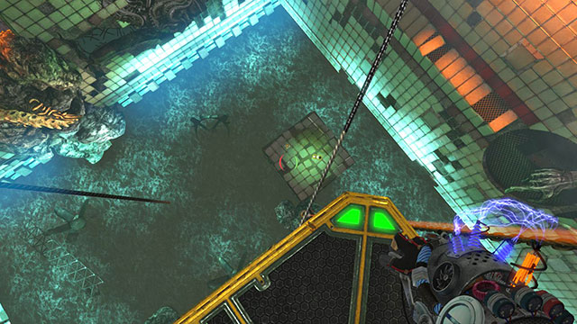 Speed up platform, by changing its charges and jump when you are over a part of floor (screen above) - Ruptured - Walkthrough - Act II - Magrunner: Dark Pulse - Game Guide and Walkthrough