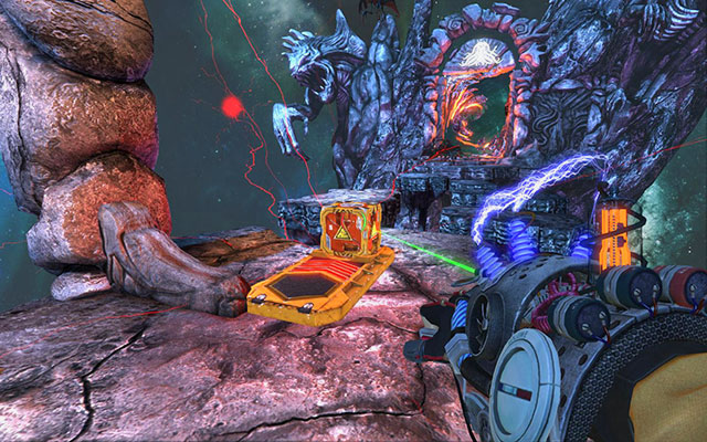 After that, pick up explosive cube and place it on the launcher - Mi-Go Gateway - Walkthrough - Act III - Magrunner: Dark Pulse - Game Guide and Walkthrough
