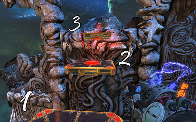 Place red Newtons on wall behind platform number 3 - The Damned - Walkthrough - Act III - Magrunner: Dark Pulse - Game Guide and Walkthrough