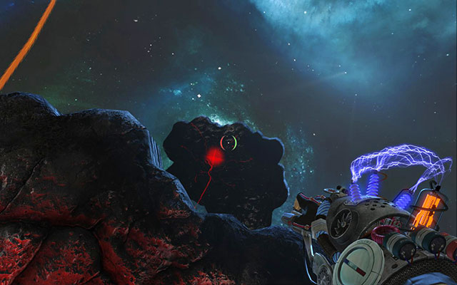 When you fire the first cube and stun enemy, approach the right edge and look down - Cthulhu Rising - Walkthrough - Act III - Magrunner: Dark Pulse - Game Guide and Walkthrough