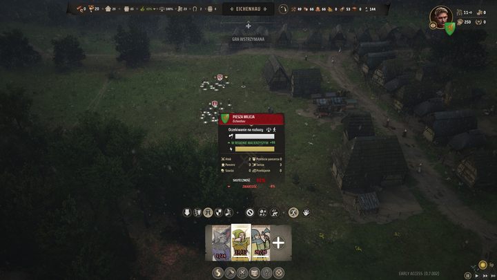 After hovering the cursor over a unit or clicking on it in the "Army" tab at the bottom of the screen, a contextual menu will be displayed, from which you can learn the current Morale, Fatigue, and Effectiveness of your troops - Manor Lords: What are unit statistics and effectiveness? - FAQ - Manor Lords Guide