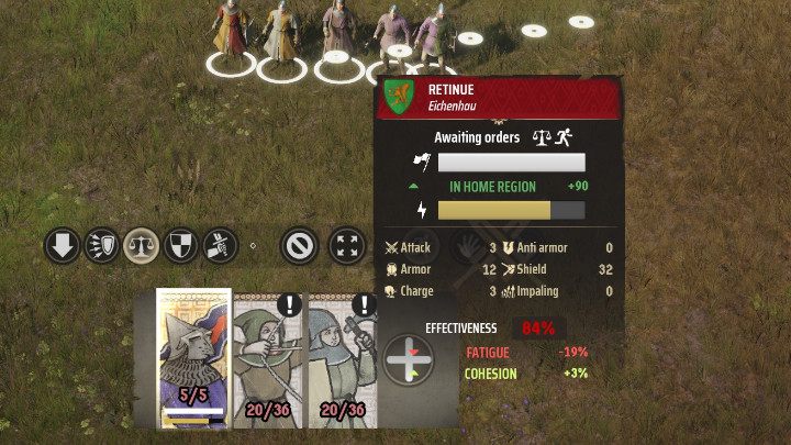 Represented by a yellow bar next to the lightning bolt icon in the unit contextual menu - Manor Lords: What are unit statistics and effectiveness? - FAQ - Manor Lords Guide
