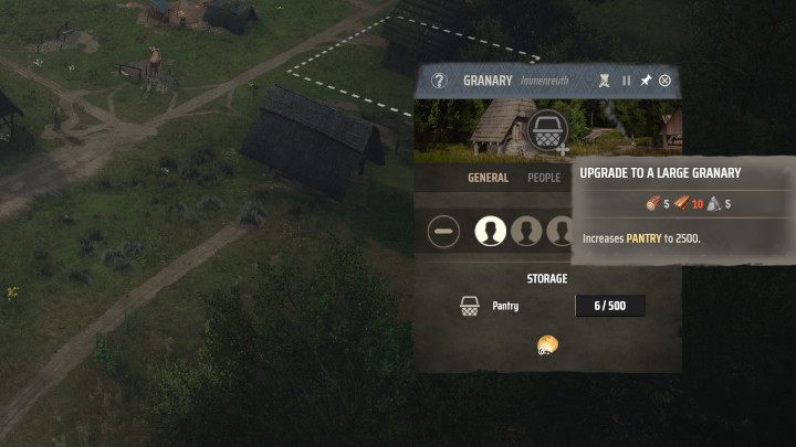 The basic storehouse has 250 slots in the main warehouse, and the pantry in the granary can hold 500 units of food - Manor Lords: What to do with exposed goods? - FAQ - Manor Lords Guide