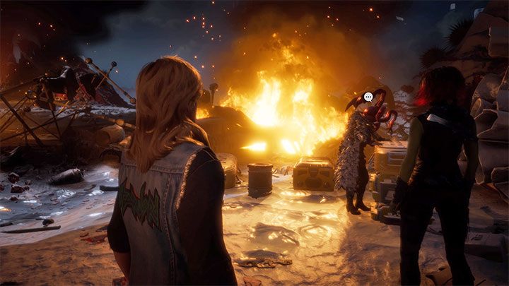 You'll get to a small burning village where you'll encounter Ruby Thursday - you can talk to this character, but it doesn't affect any events or course of the chapter - Guardians of the Galaxy: Chapter 13 - walkthrough, solution - Walkthrough - Guardians of the Galaxy Guide