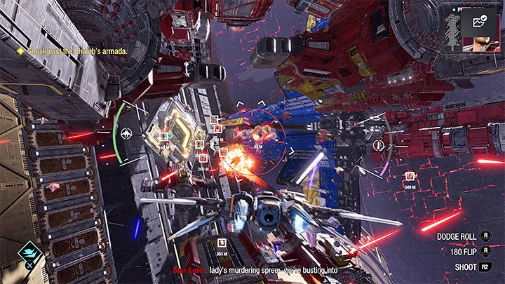 An interactive scene will start in the final phase of the flight, in which you'll take control of Milano - Guardians of the Galaxy: Chapter 14 - walkthrough, solution - Walkthrough - Guardians of the Galaxy Guide