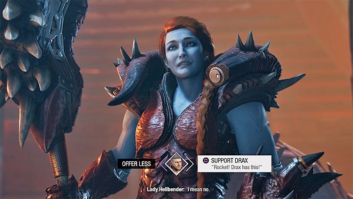 Option 1 - sell Groot: Negotiations with Lady Hellbender regarding the sale of the monster will proceed peacefully - Guardians of the Galaxy: Important choices - Chapters 3 & 4 - Important choices - Guardians of the Galaxy Guide