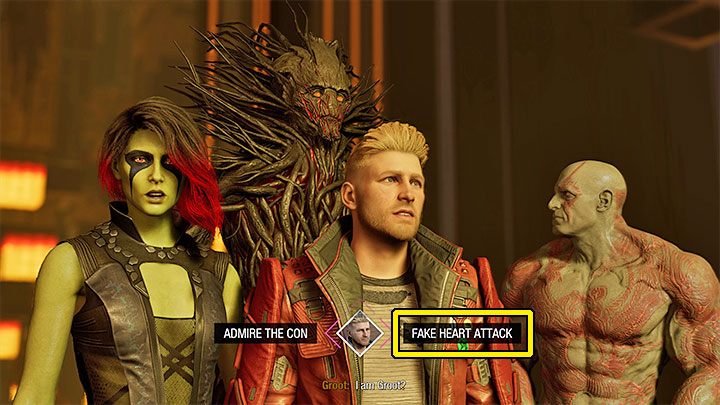 Select the right dialog option during the third choice - Fake Heart Attack - Guardians of the Galaxy: Important choices - Chapter 9 - Important choices - Guardians of the Galaxy Guide