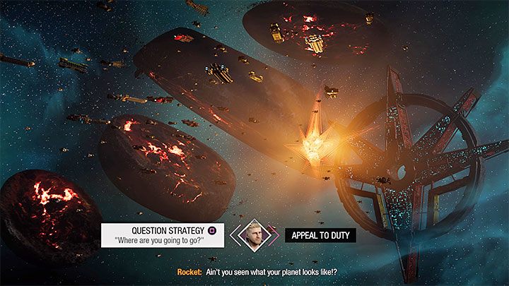 During the second choice, choose the left dialog option - Question the Strategy - Guardians of the Galaxy: Important choices - Chapter 9 - Important choices - Guardians of the Galaxy Guide