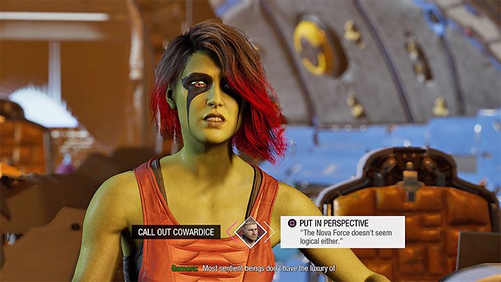When faced with the third choice, select the right dialog option - Put in Perspective - Guardians of the Galaxy: Important choices - Chapter 9 - Important choices - Guardians of the Galaxy Guide