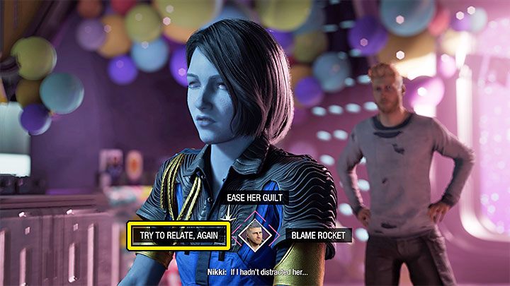 With the second choice, choose the left dialog option - Try to Relate, Again - Guardians of the Galaxy: Important choices - Chapter 15 - Important choices - Guardians of the Galaxy Guide