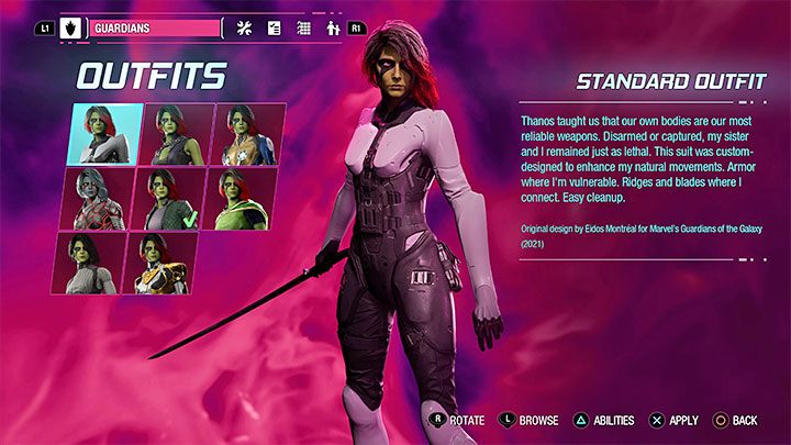 This is Gamora's default appearance in the game - Guardians of the Galaxy: Gamora - outfits - Costumes - Guardians of the Galaxy Guide