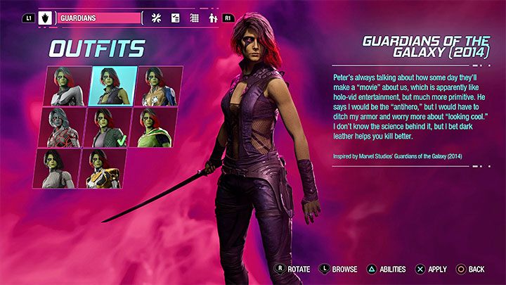 This outfit can be found as a secret in Chapter 3 - Guardians of the Galaxy: Gamora - outfits - Costumes - Guardians of the Galaxy Guide