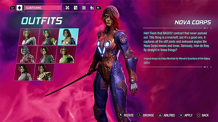 This outfit can be found as a secret in Chapter 7 - Guardians of the Galaxy: Gamora - outfits - Costumes - Guardians of the Galaxy Guide
