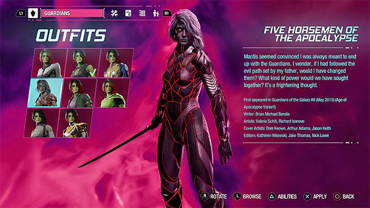 This outfit can be found as a secret in Chapter 10 - Guardians of the Galaxy: Gamora - outfits - Costumes - Guardians of the Galaxy Guide