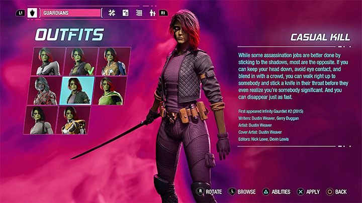 This outfit can be found as a secret in Chapter 12 - Guardians of the Galaxy: Gamora - outfits - Costumes - Guardians of the Galaxy Guide