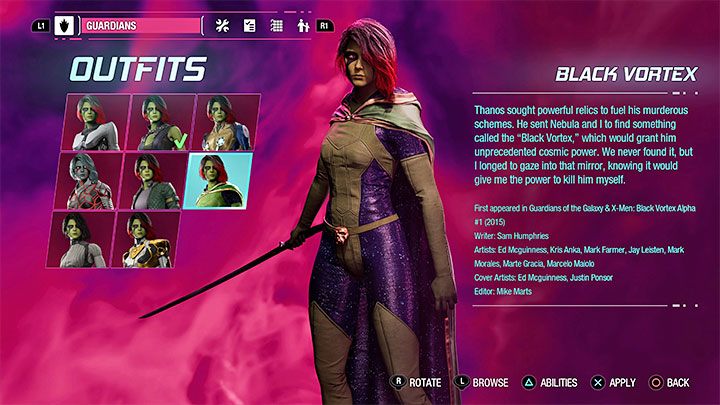 This outfit can be found as a secret in Chapter 13 - Guardians of the Galaxy: Gamora - outfits - Costumes - Guardians of the Galaxy Guide
