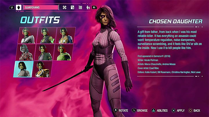This outfit can be found as a secret in Chapter 14 - Guardians of the Galaxy: Gamora - outfits - Costumes - Guardians of the Galaxy Guide
