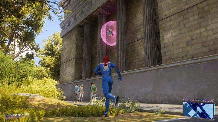 You will find this Spider-bot at the back of the building, between the pillars - Spider-Man 2: All Spider-bot locations - Secrets and Collectibles - Spider Man 2 Guide