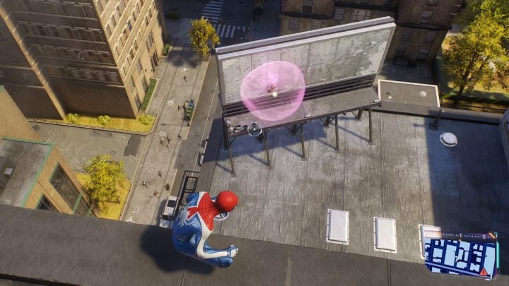 You'll find Spider-bot #9 on the roof of the building, behind the billboard - Spider-Man 2: All Spider-bot locations - Secrets and Collectibles - Spider Man 2 Guide