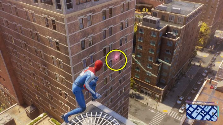 Look for this Spider-bot on one of the walls of the target building - Spider-Man 2: All Spider-bot locations - Secrets and Collectibles - Spider Man 2 Guide