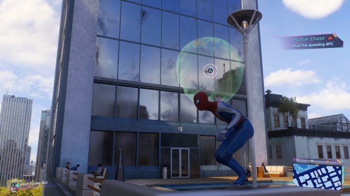 Look for Spider-bot #11 on one of the walls of the target skyscraper, not far from a terrace with a swimming pool - Spider-Man 2: All Spider-bot locations - Secrets and Collectibles - Spider Man 2 Guide