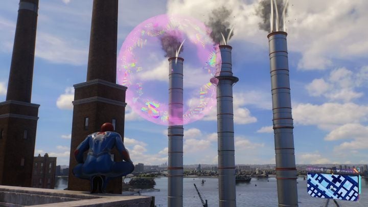 You'll find this Spider-bot on the top of a large industrial chimney - Spider-Man 2: All Spider-bot locations - Secrets and Collectibles - Spider Man 2 Guide