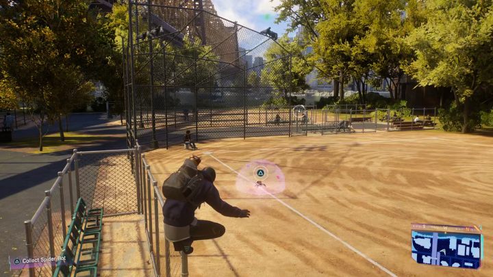 Look for this Spider-bot on a baseball field - Spider-Man 2: All Spider-bot locations - Secrets and Collectibles - Spider Man 2 Guide